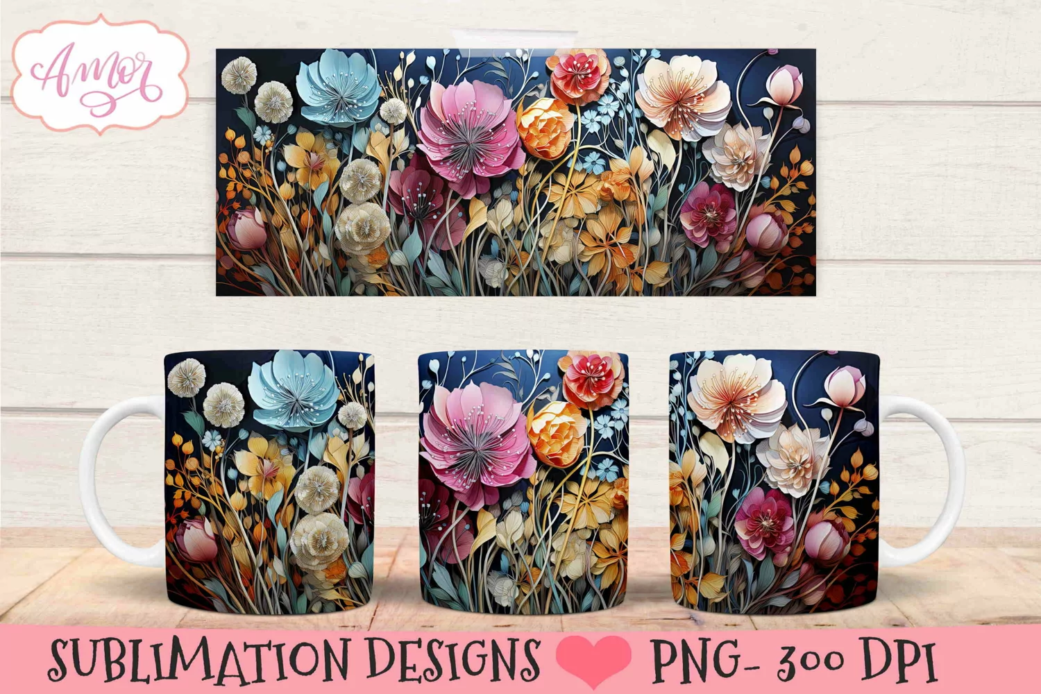 3D floral mug wrap design for sublimation | paper flowers product image 1