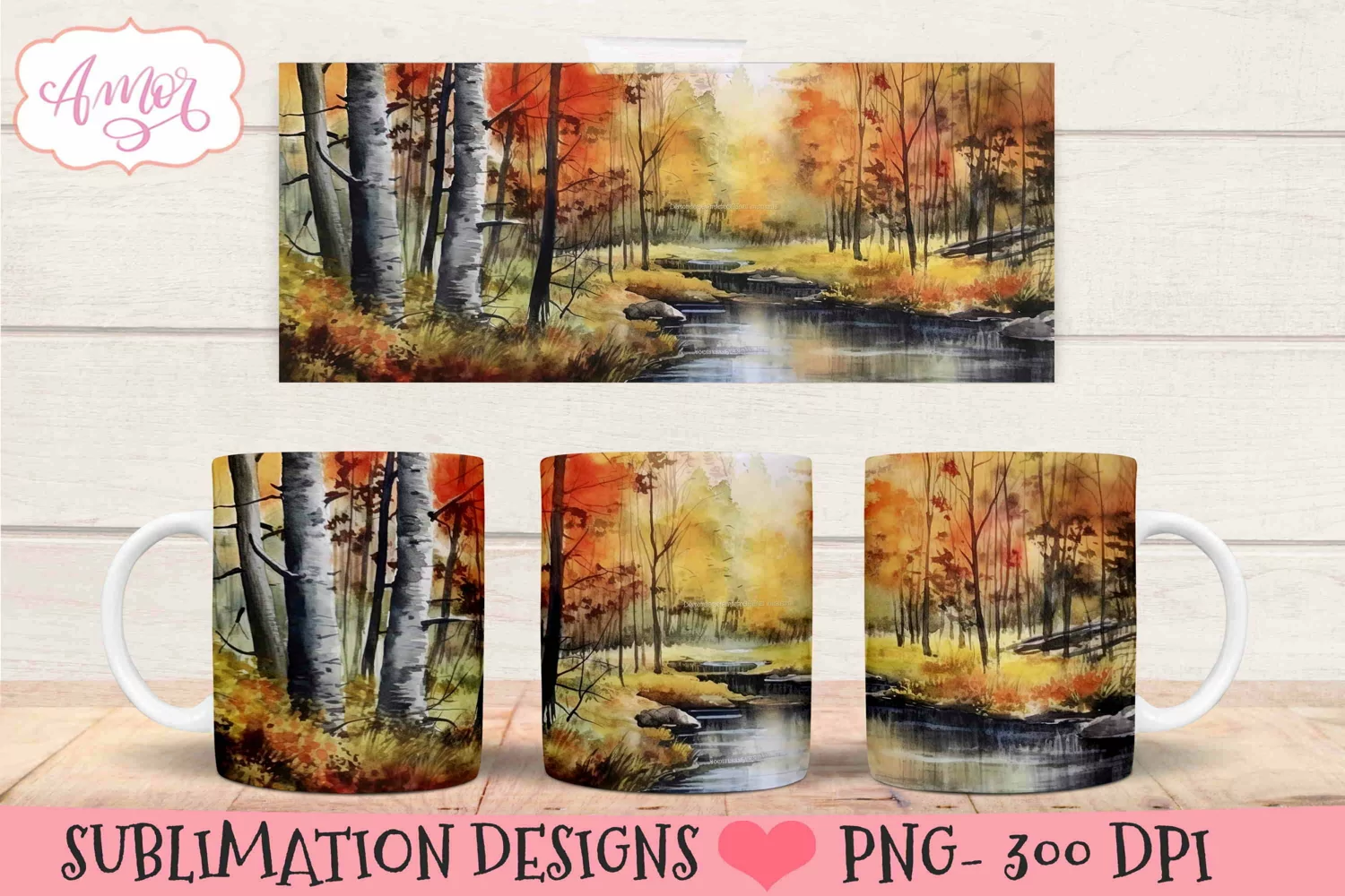 Watercolor forest stream mug wrap for sublimation product image 1
