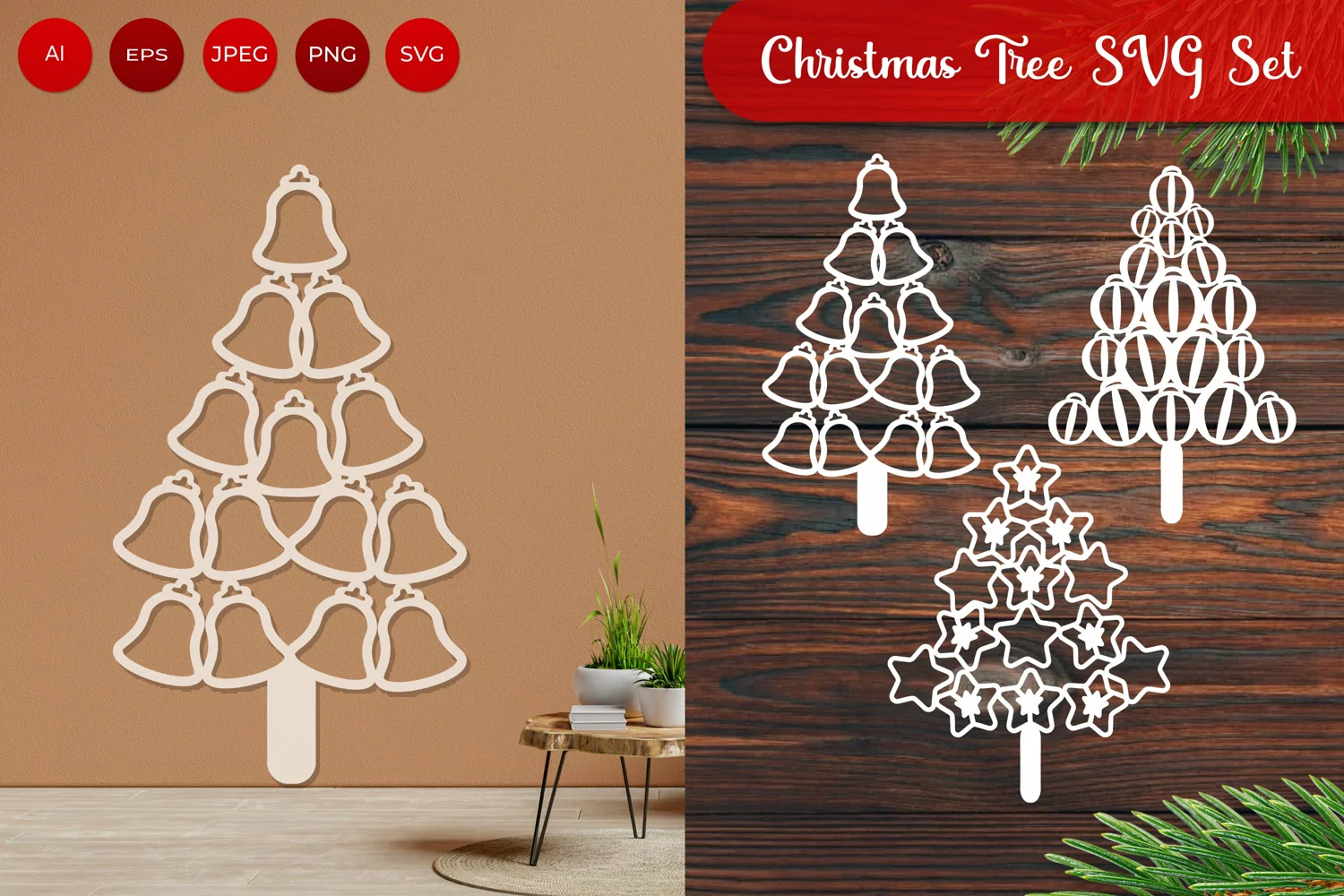 Bells, Bulbs, and Stars Arranged as Christmas Tree Sticker product image 1