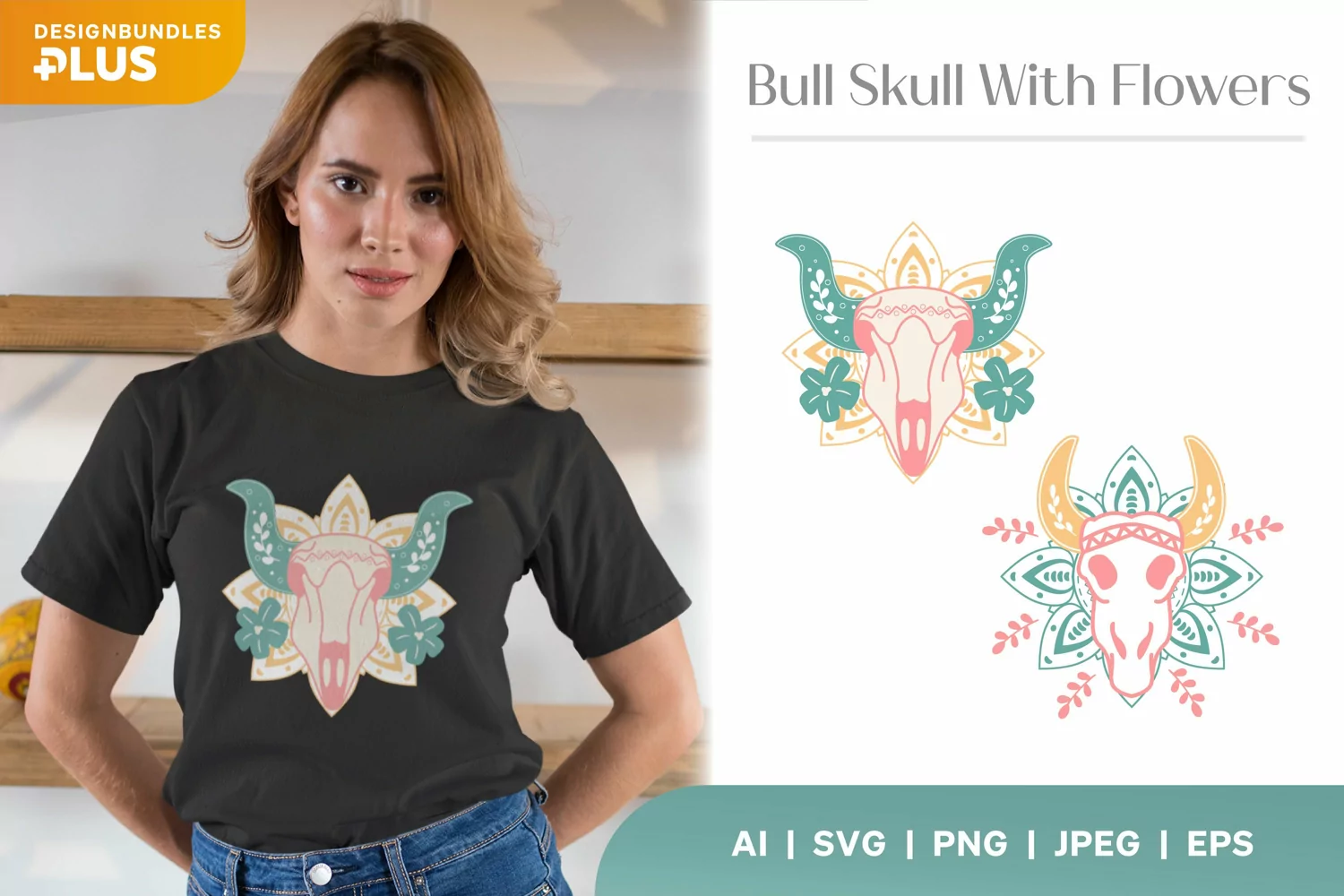 Bull Skull with Flowers in Pastel Colors Illustration Set product image 1