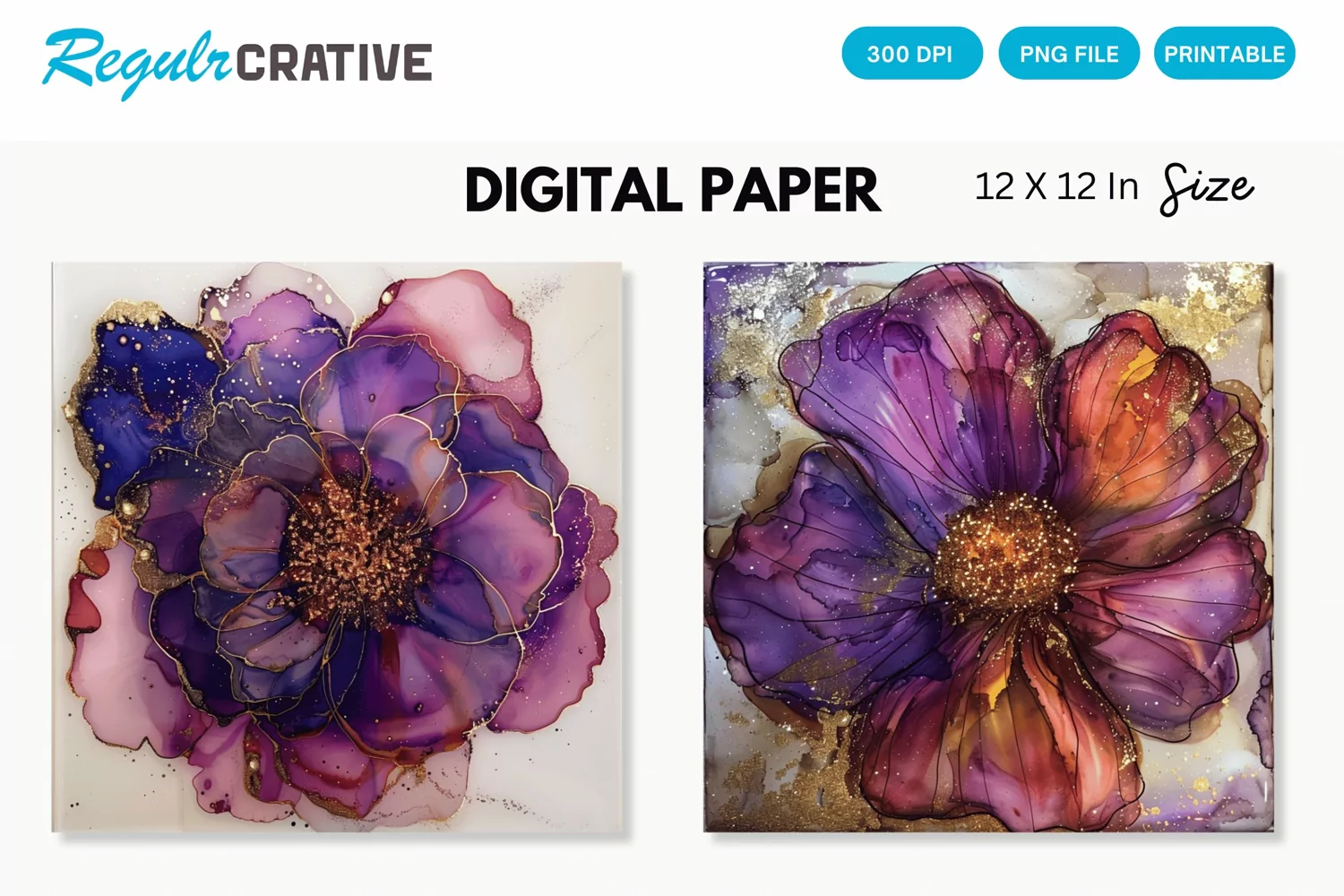 Deep Colored Alcohol Ink Flower Glitter Digital Paper product image 1