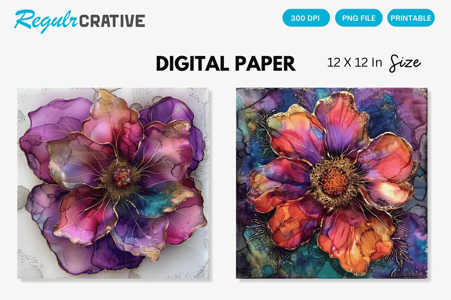 Deep Colored Alcohol Ink Flower Glitter Digital Paper product image 1