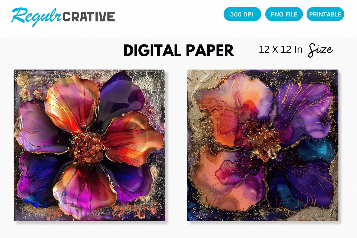 Deep Colored Alcohol Ink Flower Glitter Digital Paper product image 1