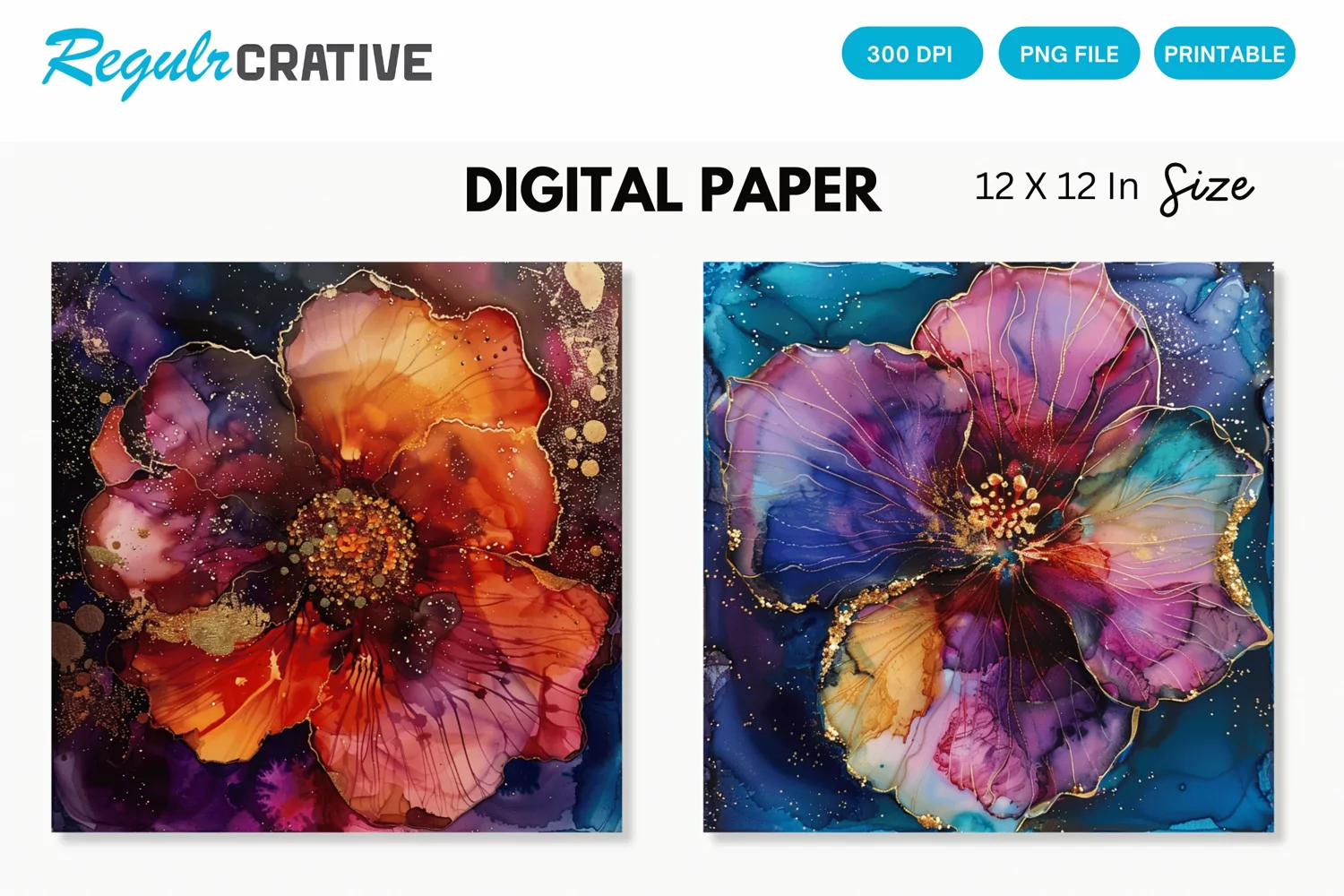 Deep Colored Alcohol Ink Flower Glitter Digital Paper product image 1