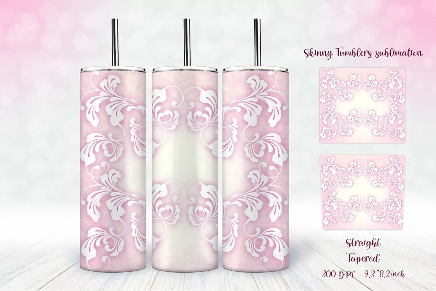 Delicate Pink Vintage Swirl Design Tumbler Wrap Sublimation Design Tapered & Straight.