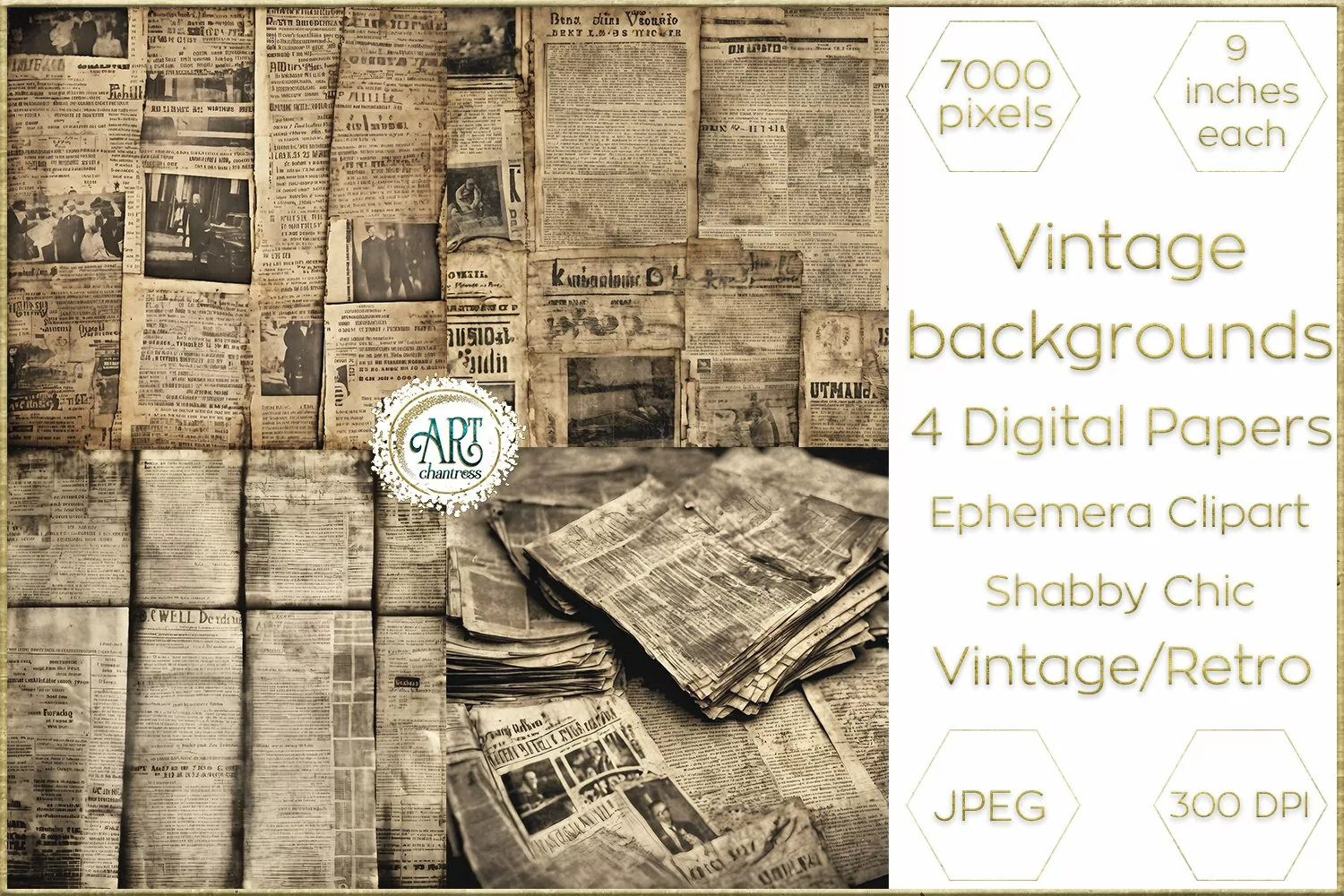 Vintage Retro Old Newspapers Digital Papers Bohemian Shabby product image 1