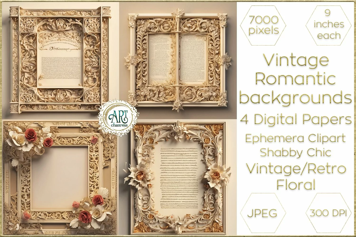 Vintage Retro Floral Frame Digital Papers cutout backgrounds product image 1