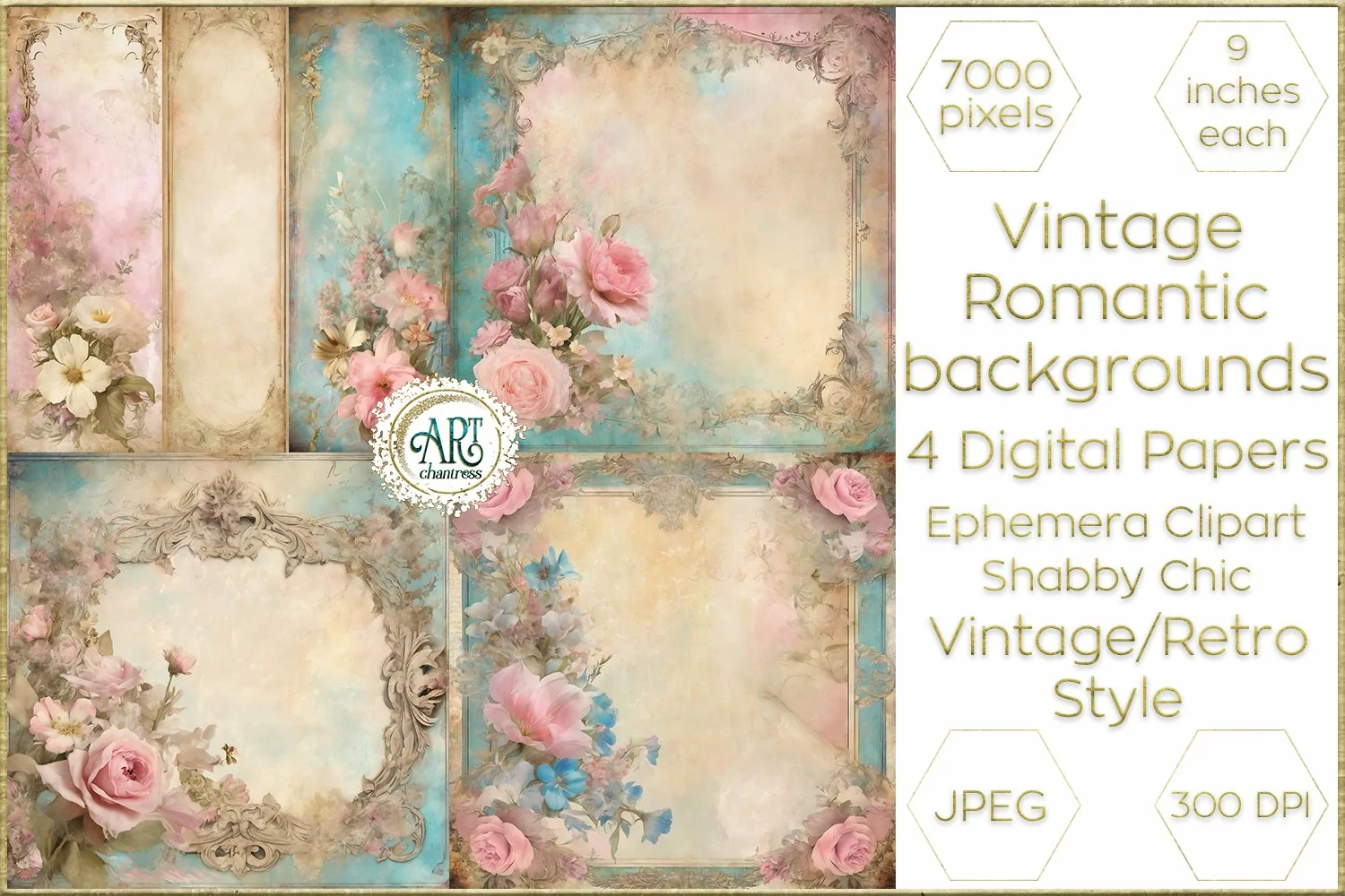Watercolor Vintage Azure Floral Frame Papers Digital Paper product image 1