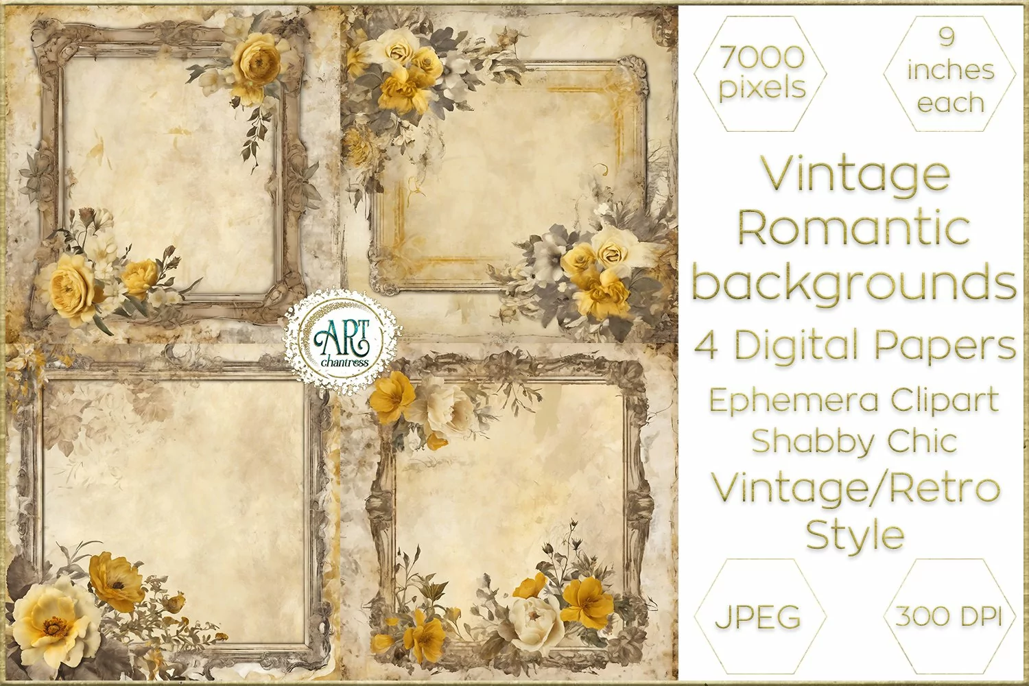 Watercolor Vintage Butterscotch Floral Frame Digital Papers product image 1