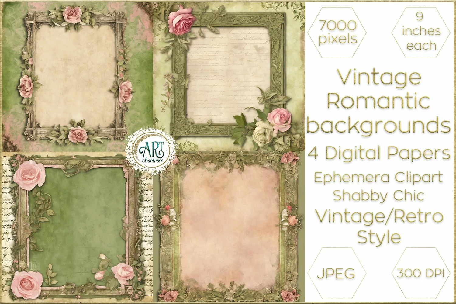 Vintage Watercolor Floral Frame Digital Paper Ephemera Decor product image 1