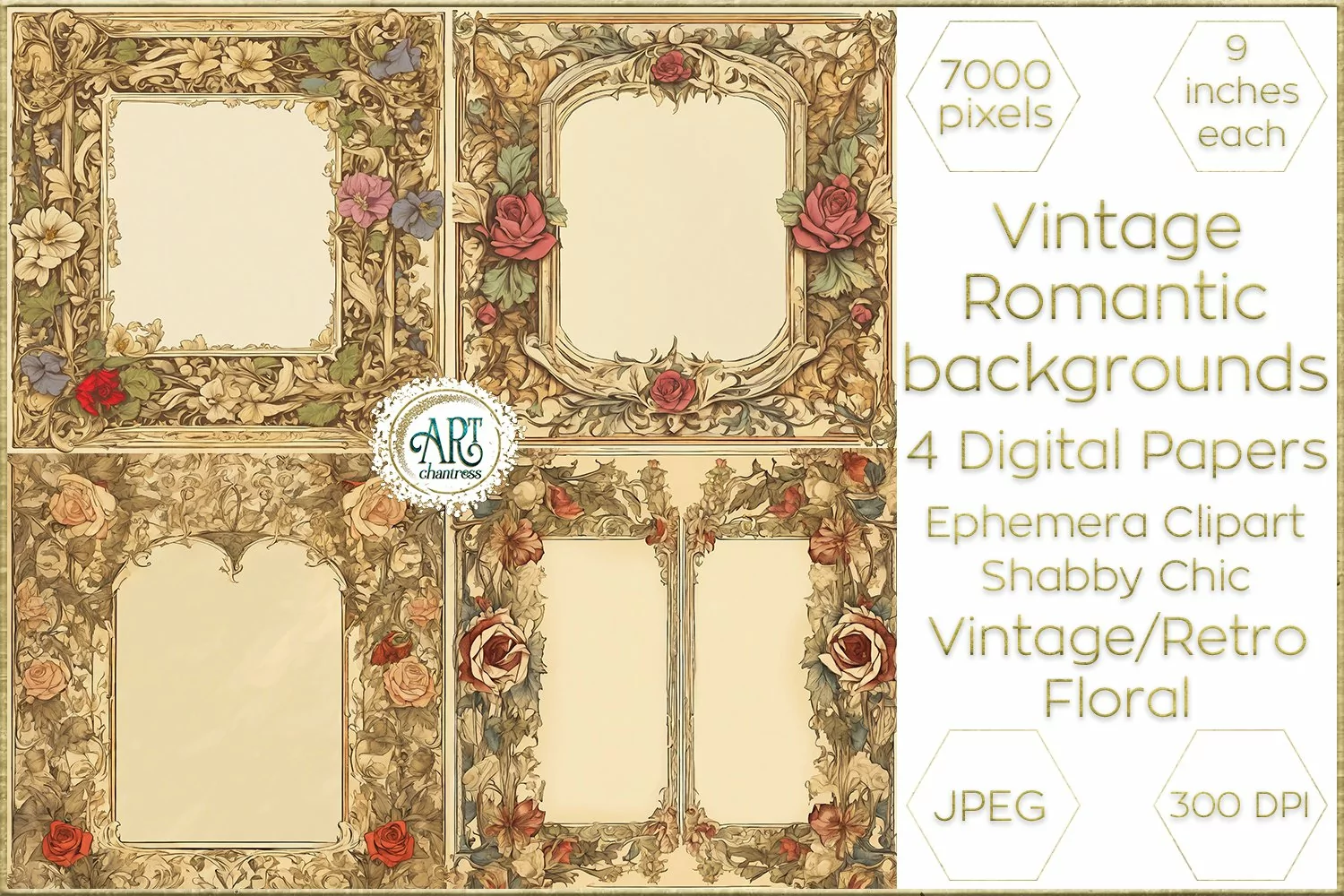 Vintage Retro Floral Frame Digital Papers cutout backgrounds product image 1
