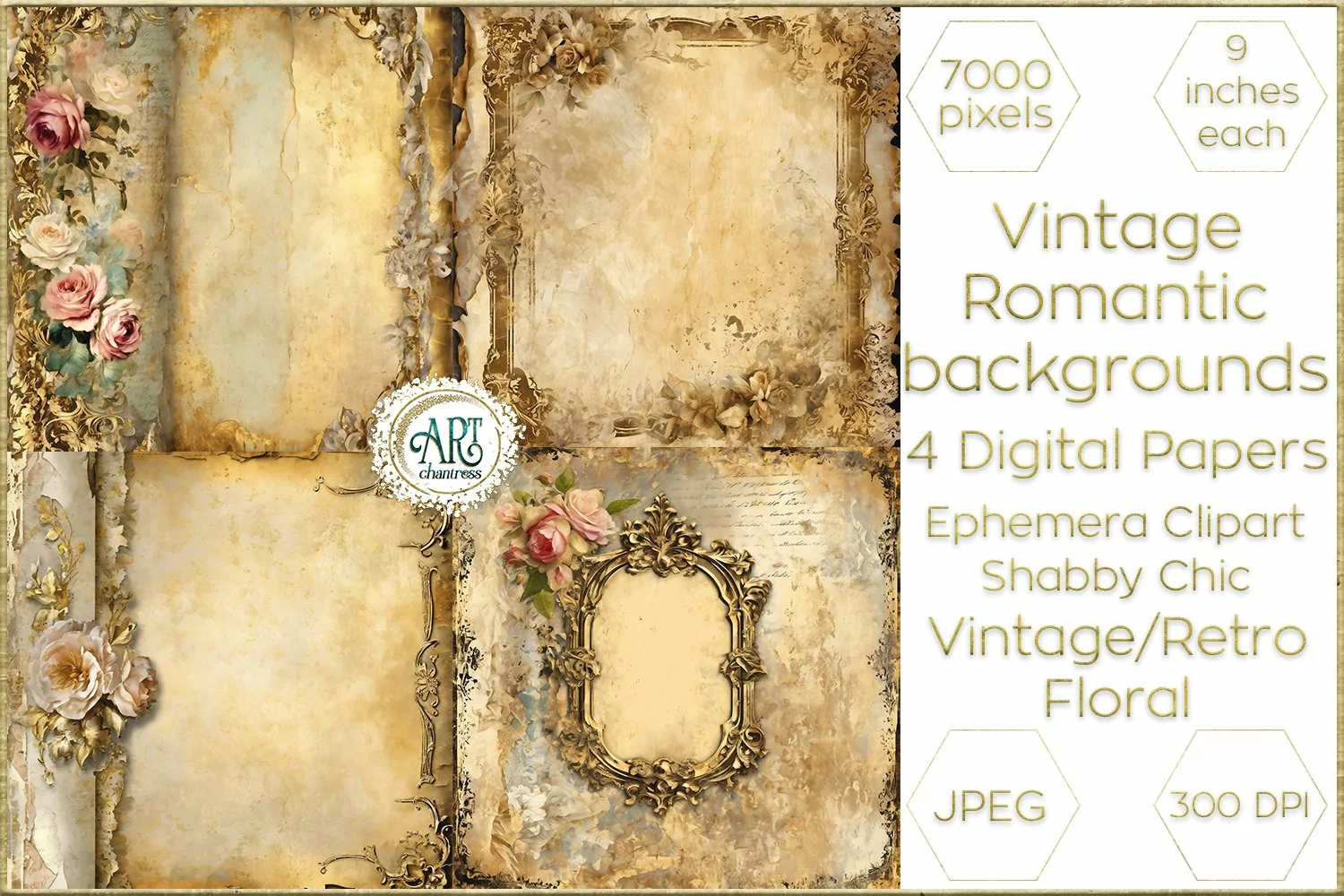 Watercolor Vintage Butterscotch Floral Frame Digital Papers product image 1
