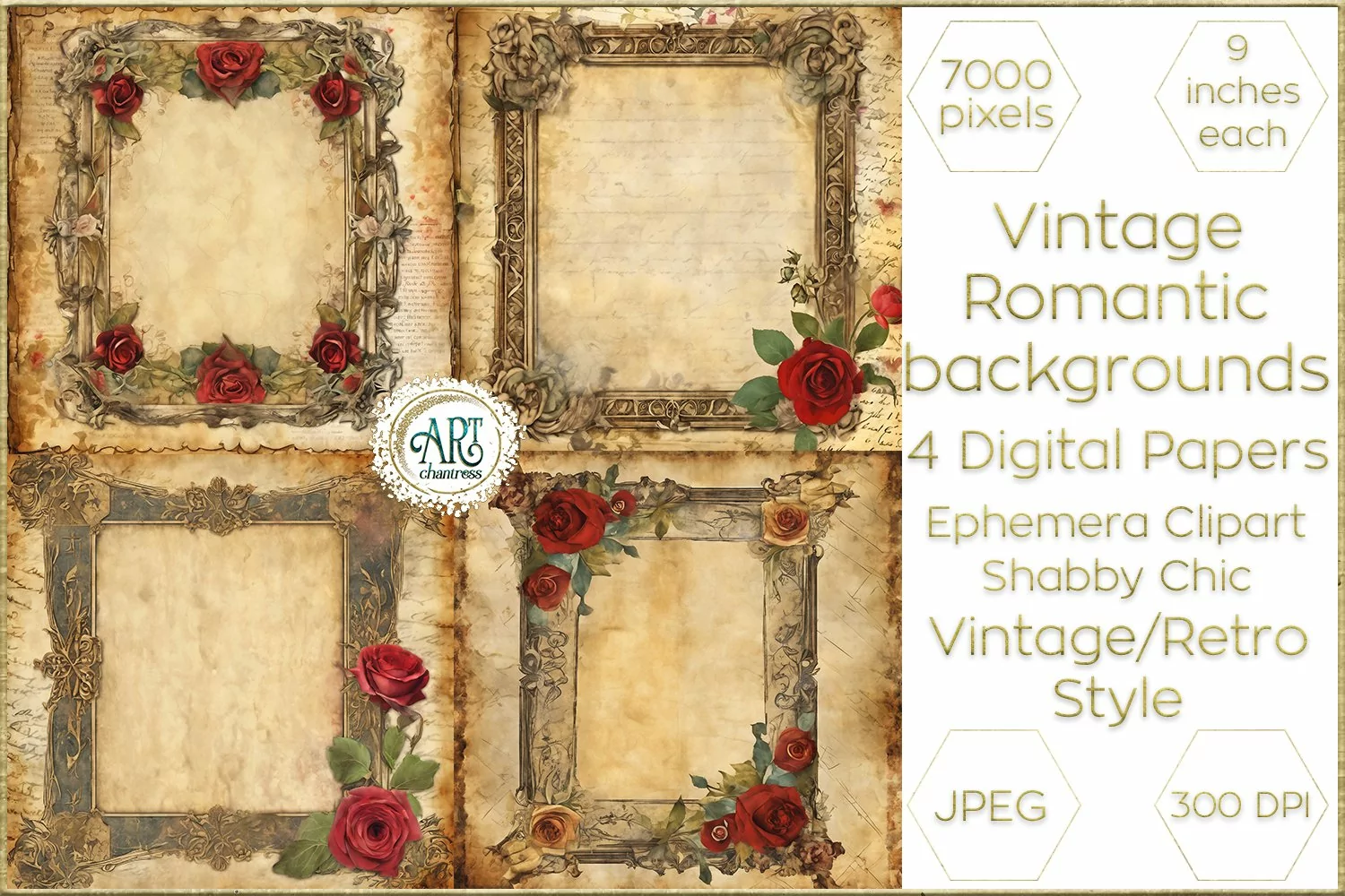 Victorian Ecru French red rose silk Scrapbook digital paper product image 1