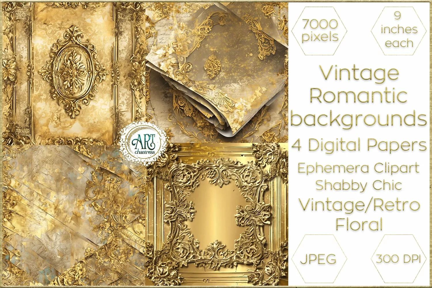 Vintage Butterscotch Gold Floral Frame Digital Papers Chic product image 1