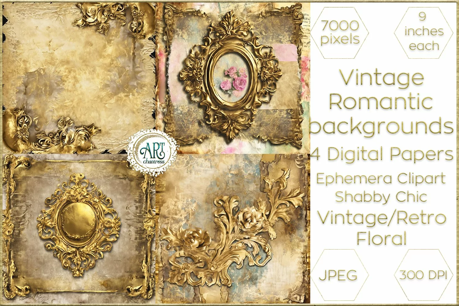 Vintage Fantasy Old Frames Gold Graphics Digital Paper Decor product image 1