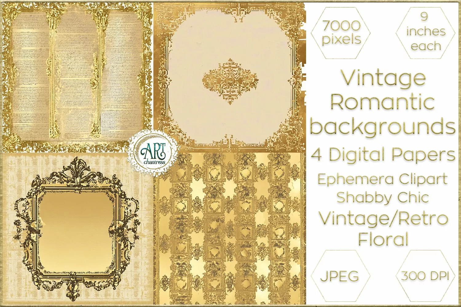 Vintage Butterscotch Gold Floral Frame Digital Papers Chic product image 1