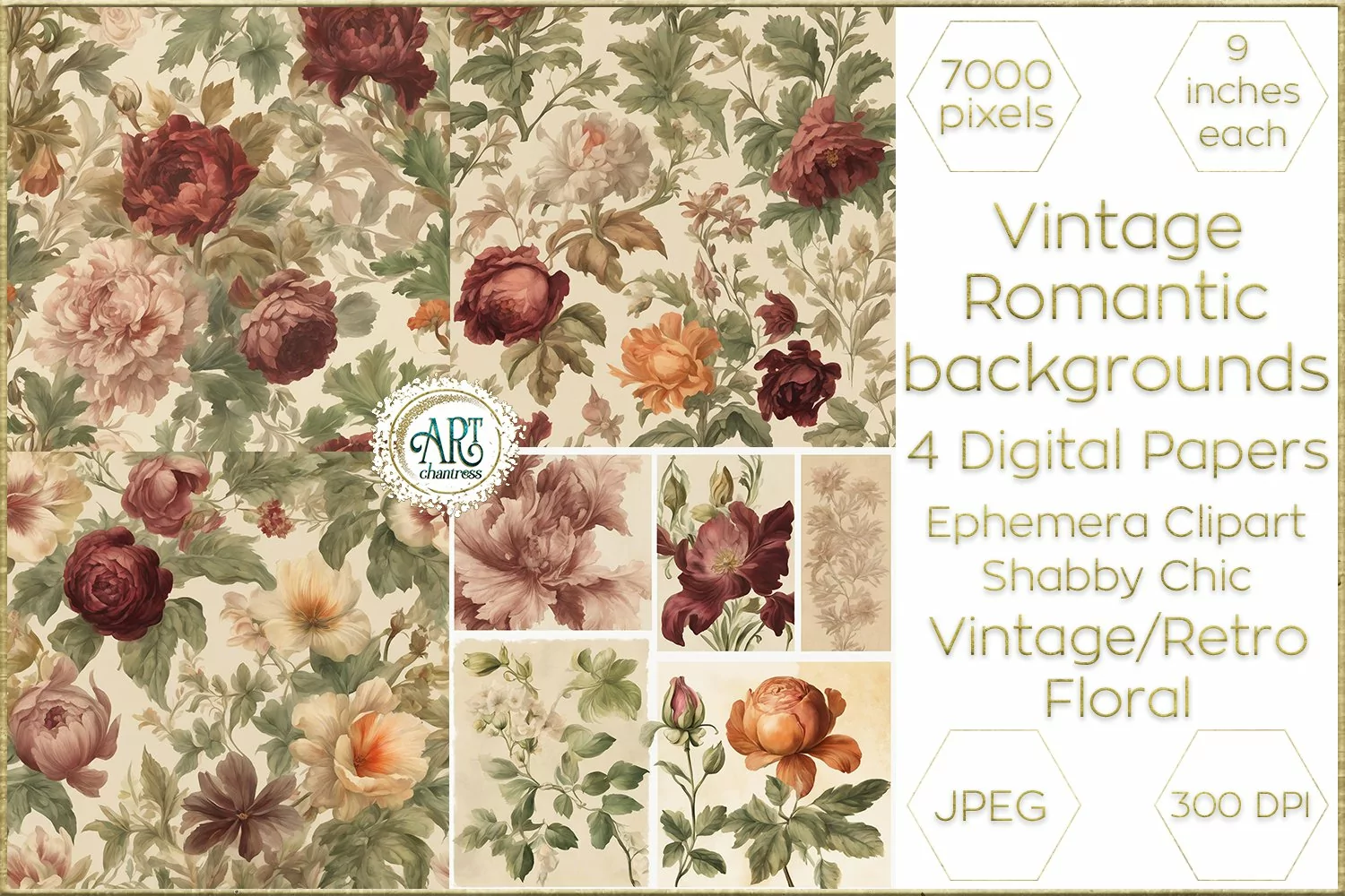 Watercolor Vintage Old Book Pages Floral Digital Paper Decor product image 1