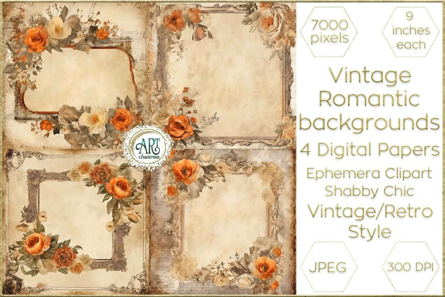 Watercolor Vintage Digital Paper Shabby Chic Bohemian Flower product image 1