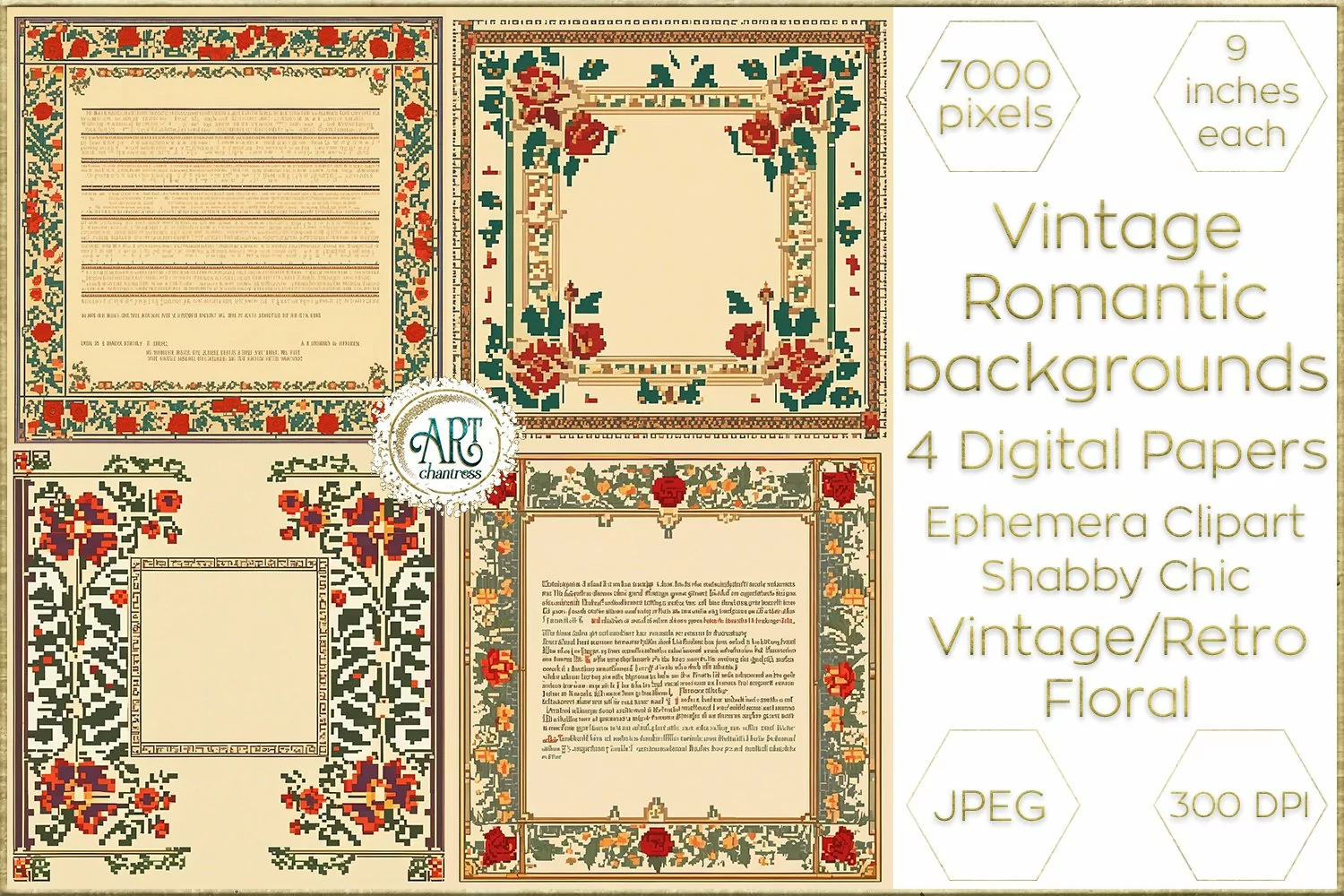 Vintage Retro Floral Frame Digital Papers cutout backgrounds product image 1