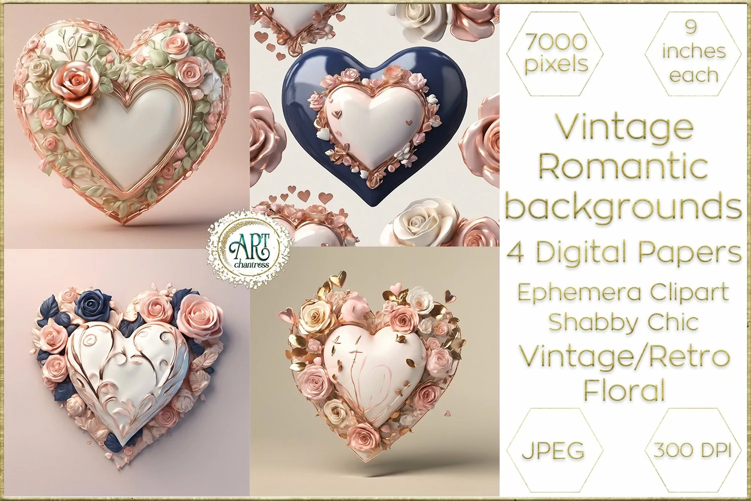 Valentine Navy Gold Pink Digital Papers Shabby Chic Florals product image 1