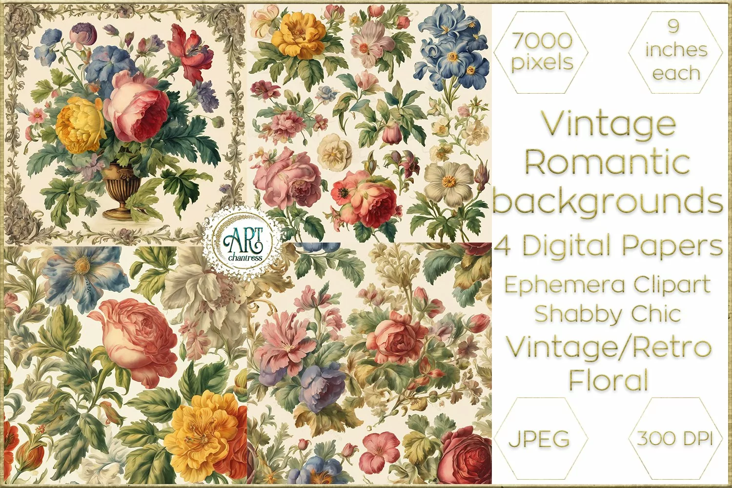 Vintage Floral Sketch Old Romantic Digital Paper Bohemian product image 1