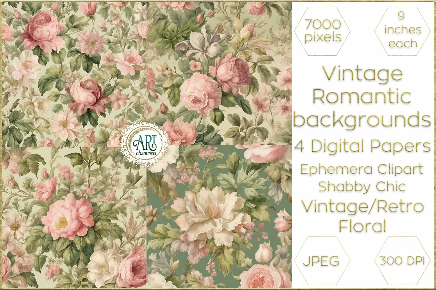 Vintage Floral Sketch Old Romantic Digital Paper Bohemian product image 1