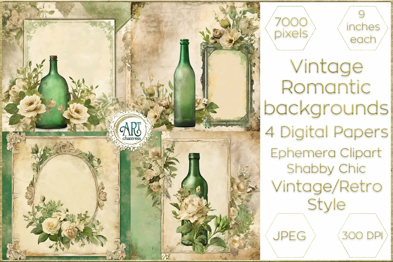 Watercolor Vintage bottle green Floral Frame Digital Papers product image 1