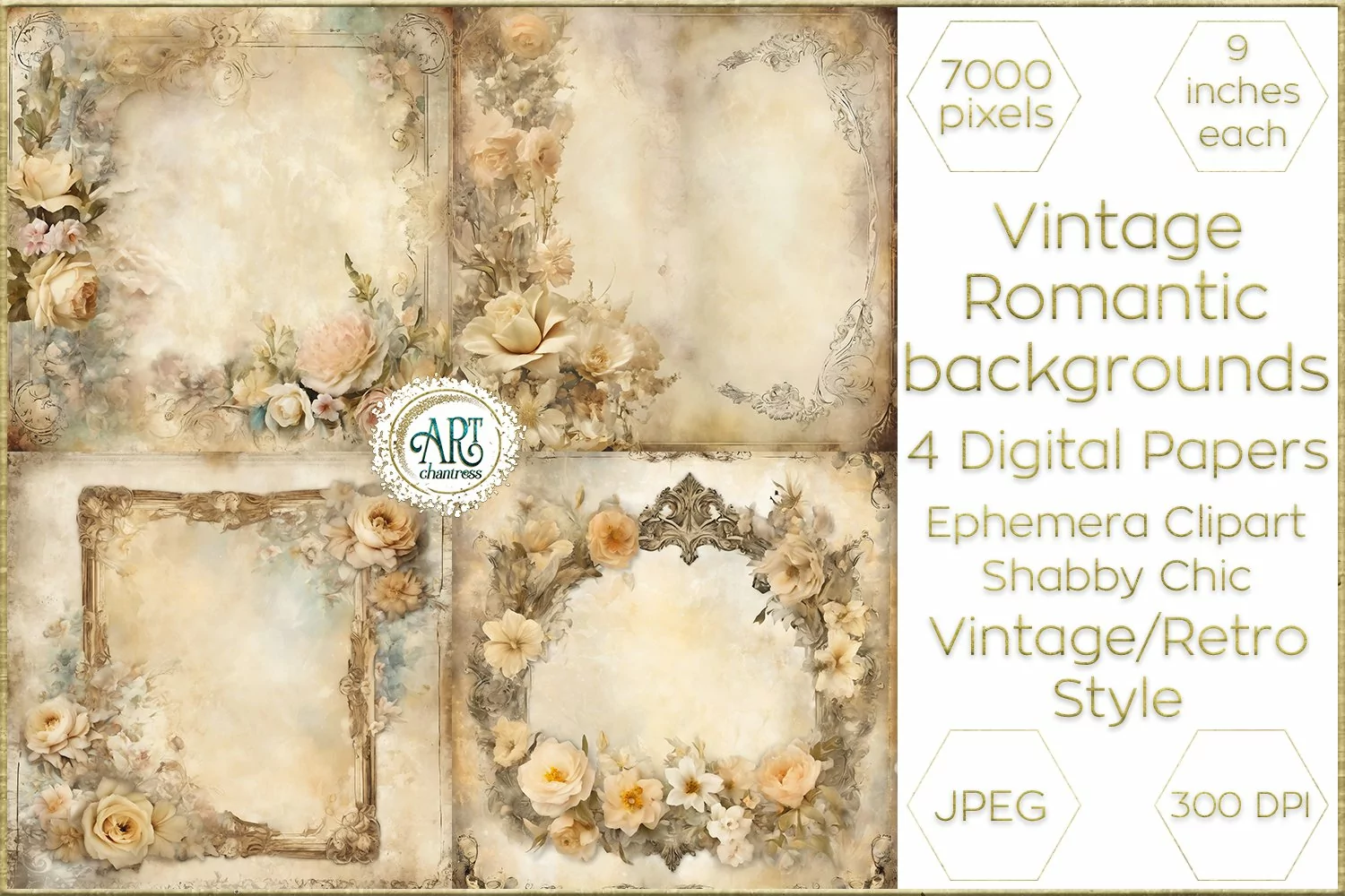 Watercolor Vintage Digital Paper Shabby Chic Bohemian Flower product image 1