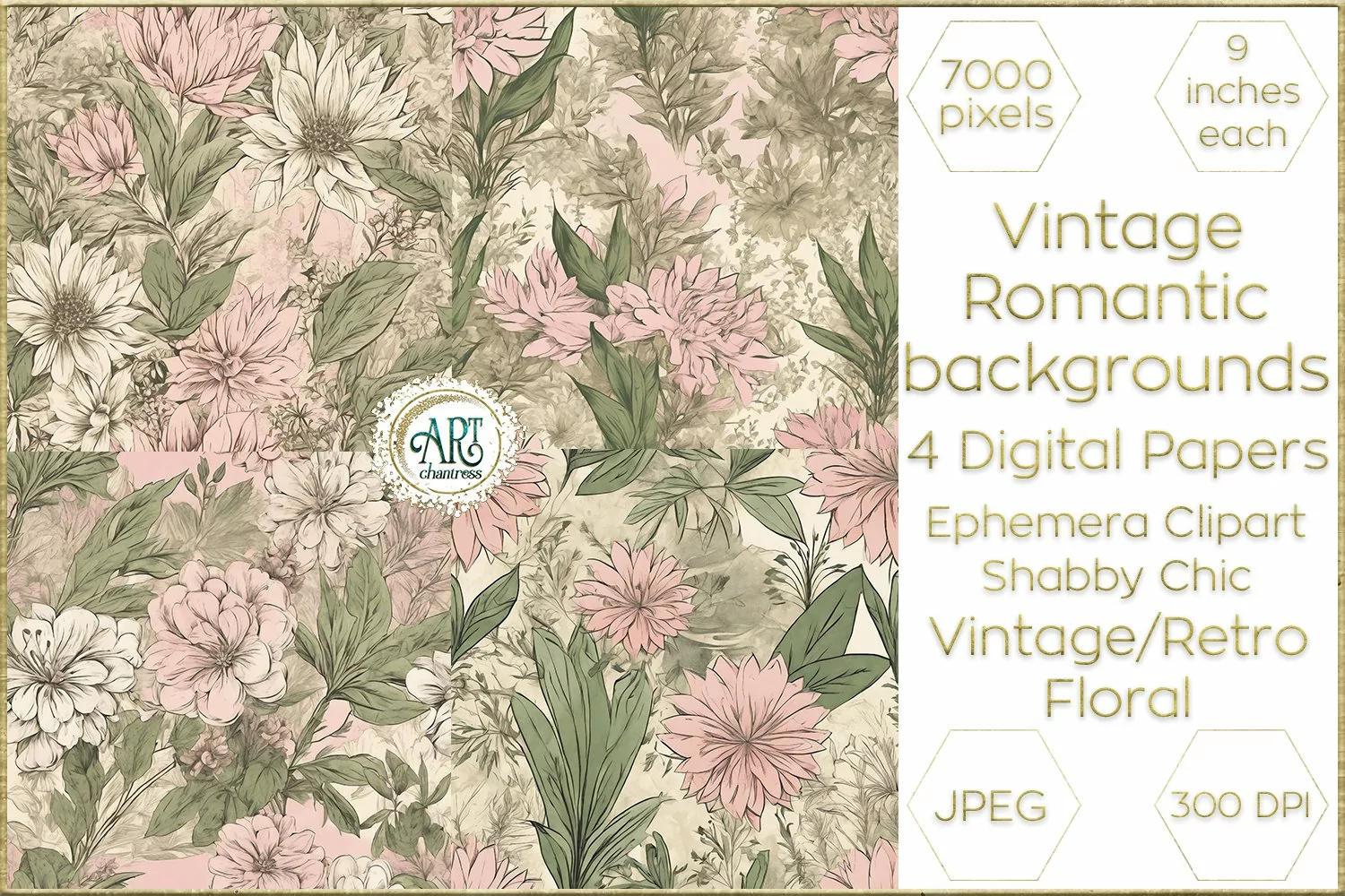 Vintage Floral Watercolor Old Romantic Digital Paper Bohemia product image 1