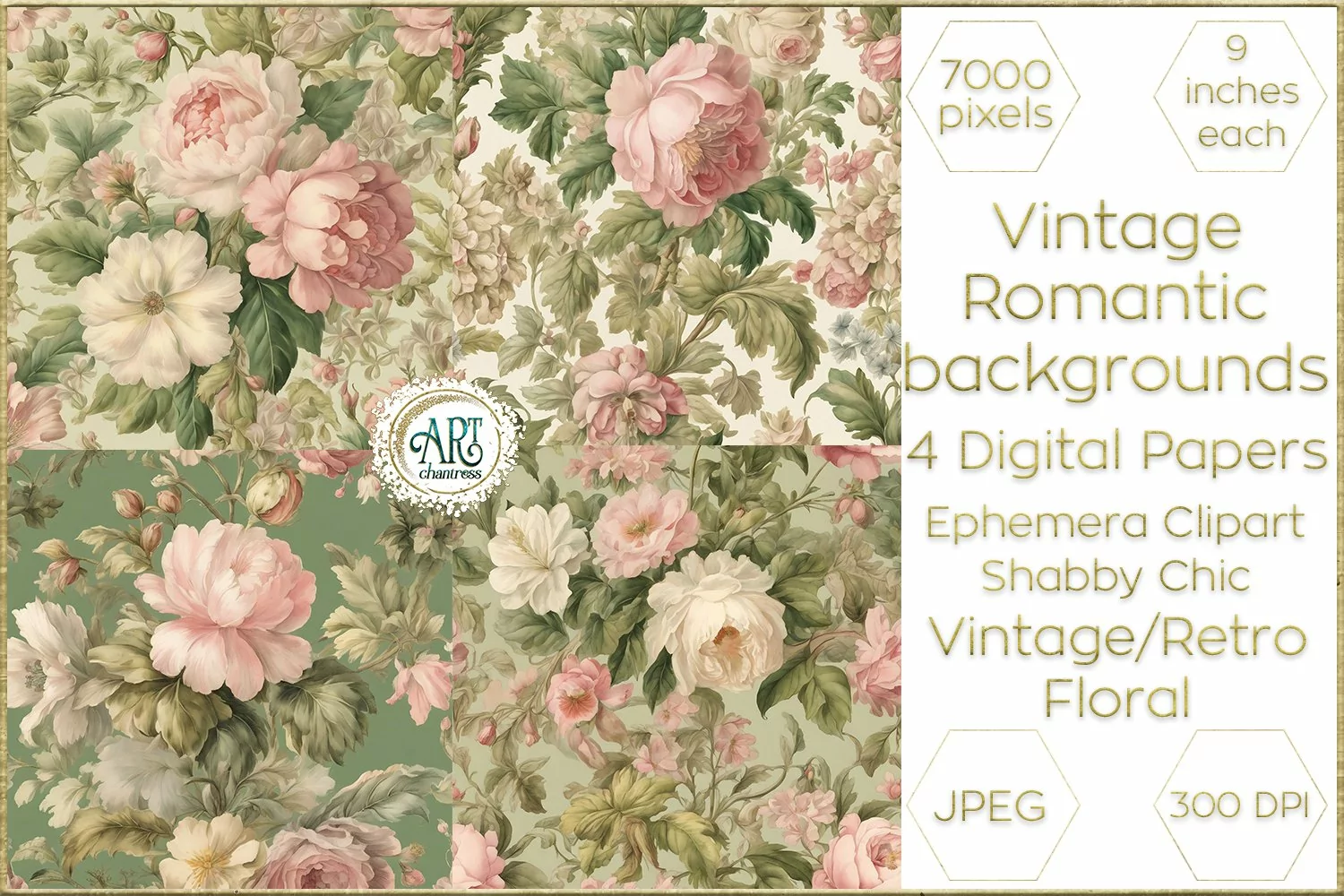 Vintage Floral Sketch Old Romantic Digital Paper Bohemian product image 1