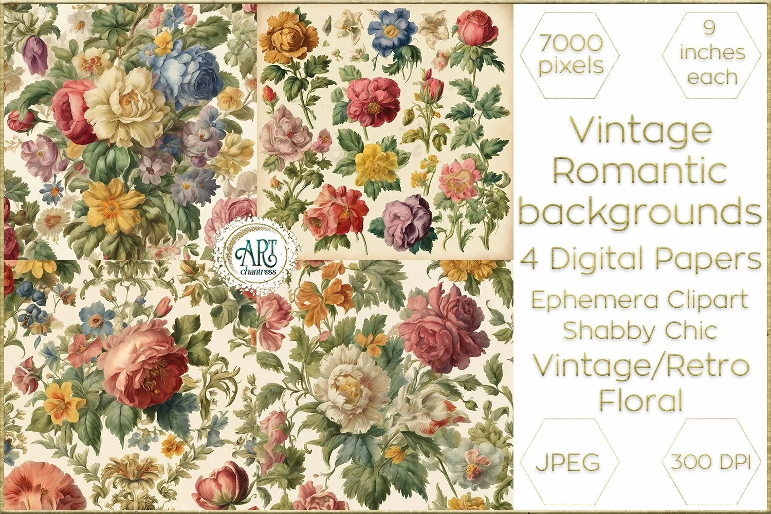 Vintage Floral Sketch Old Romantic Digital Paper Bohemian product image 1