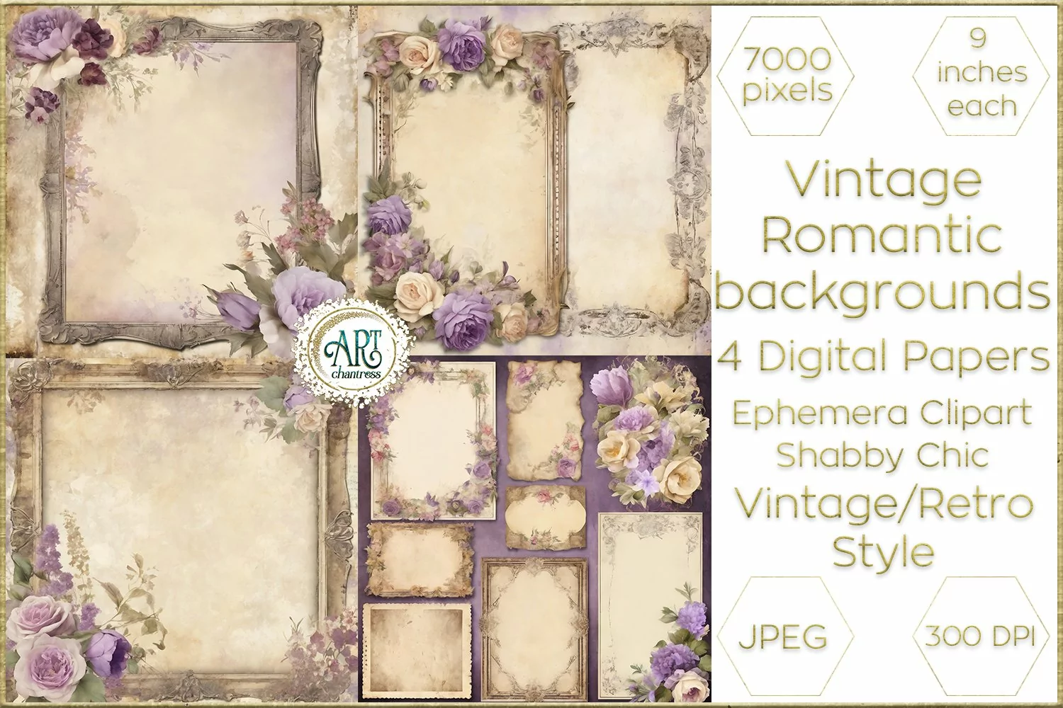 Vintage Watercolor Floral Violet Papers backgrounds Ephemera product image 1