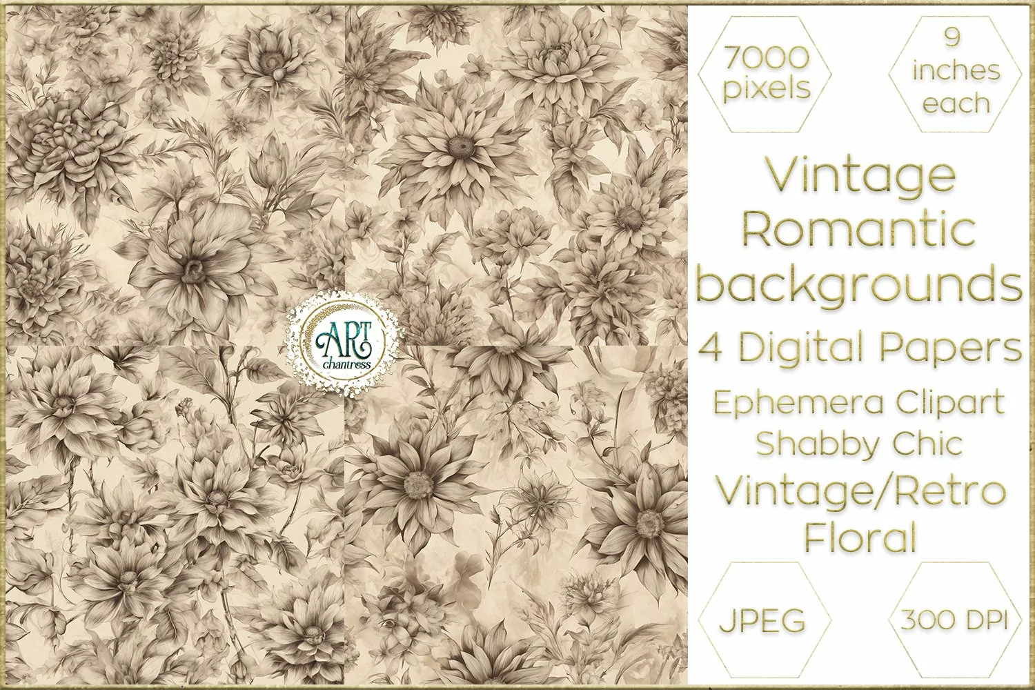 Vintage Floral Sketch Old Romantic Digital Paper Bohemian product image 1