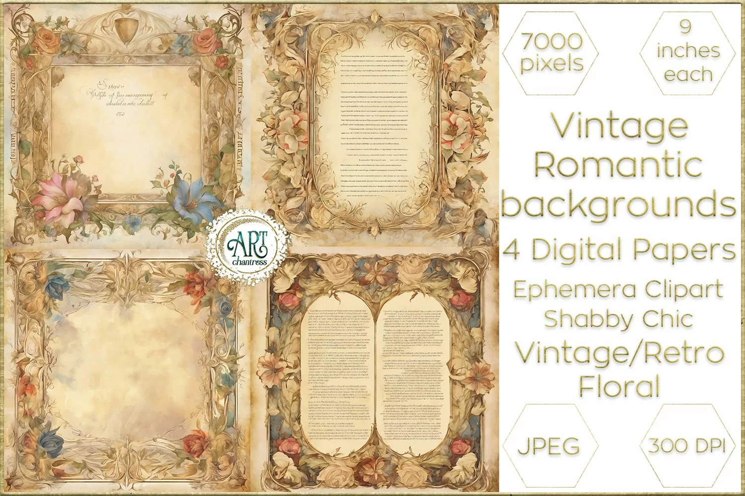 Vintage Watercolor Floral Frame Papers backgrounds Ephemera product image 1