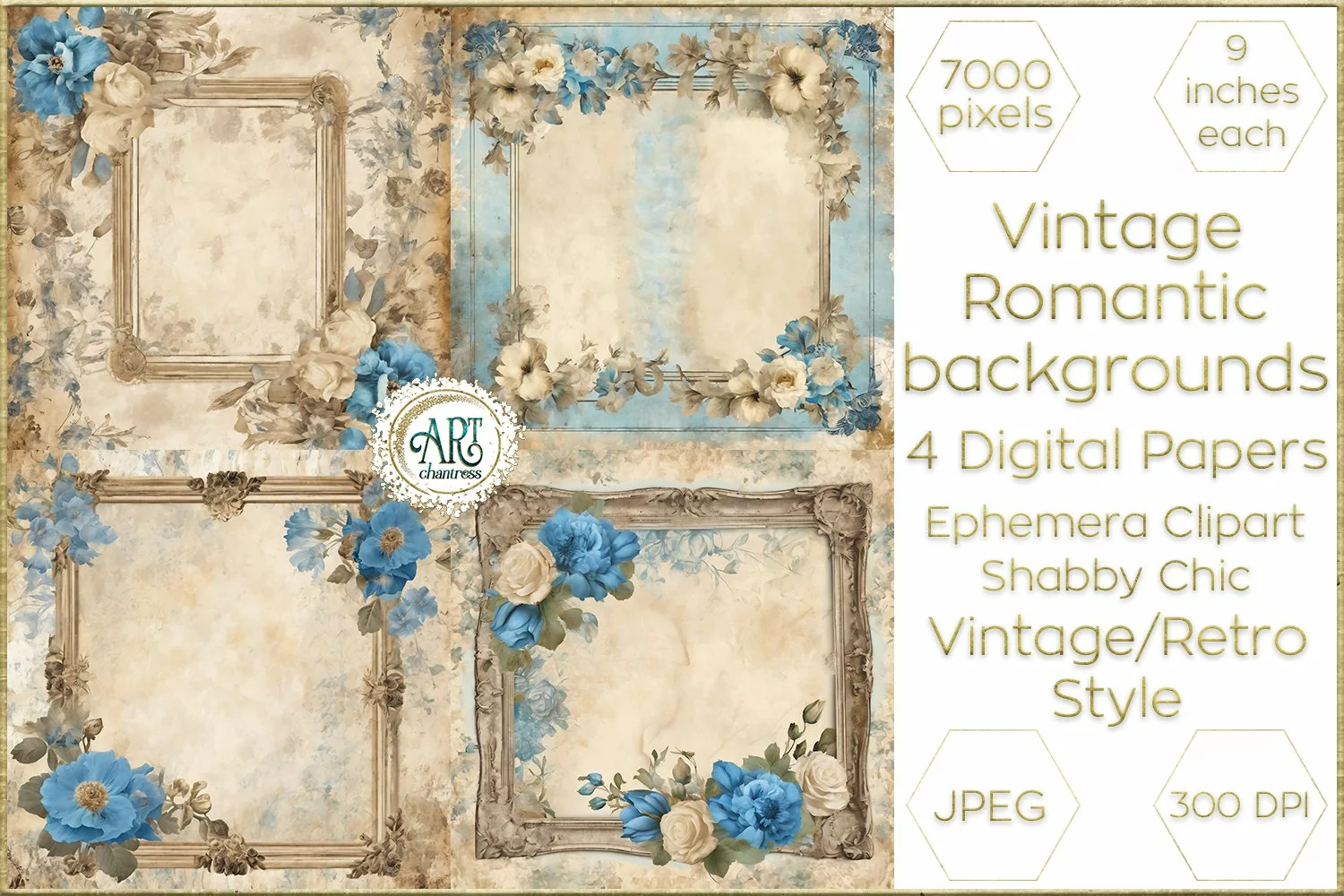 Vintage Azure digital papers Bohemian Flowers old textures product image 1