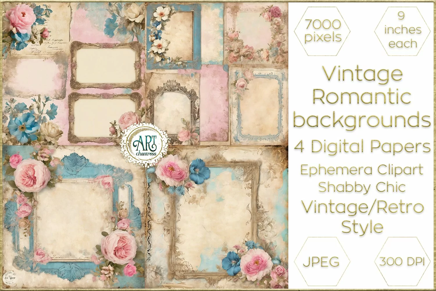 Watercolor Vintage Azure Floral Frame Papers Digital Paper product image 1