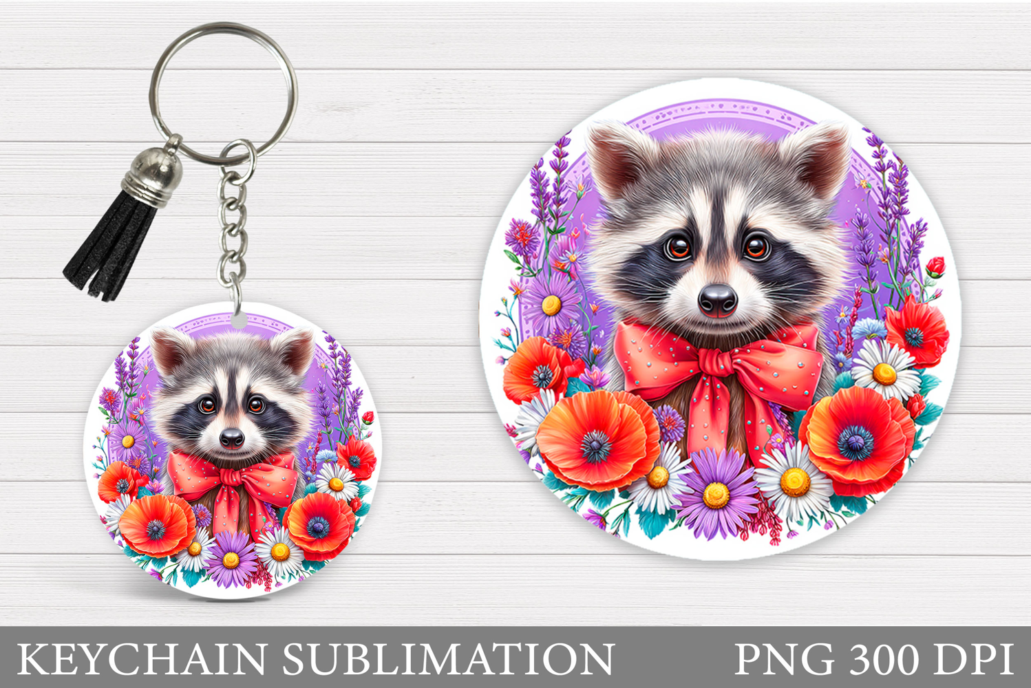 Cute Raccoon Keychain Design. Raccoon Flowers Keychain product image 1