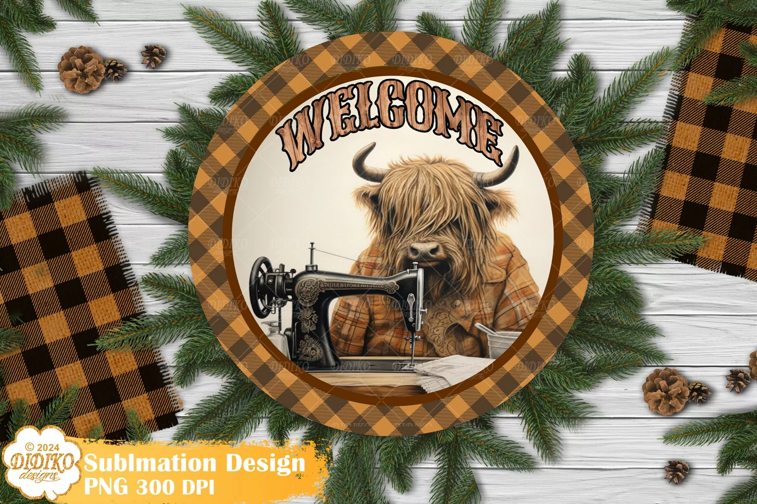 Highland Cow Round Sign Sublimation Png, Vintage Sewing Sign product image 1