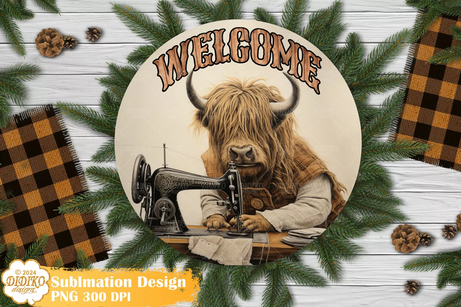 Highland Cow Round Sign Sublimation, Vintage Sewing Sign Png product image 1