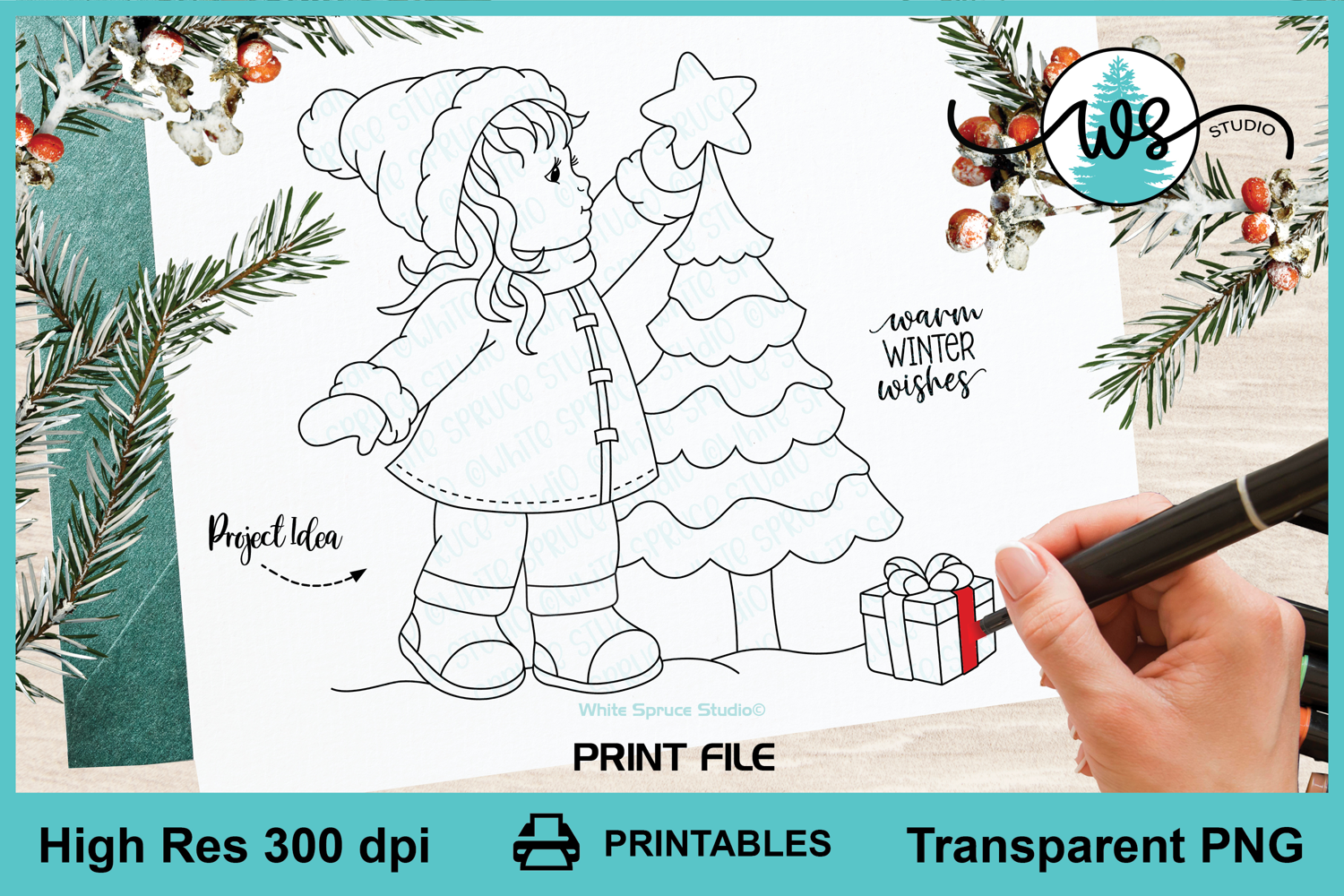 Digital Stamp Winter Girl Christmas Tree Printable Line Art product image 1