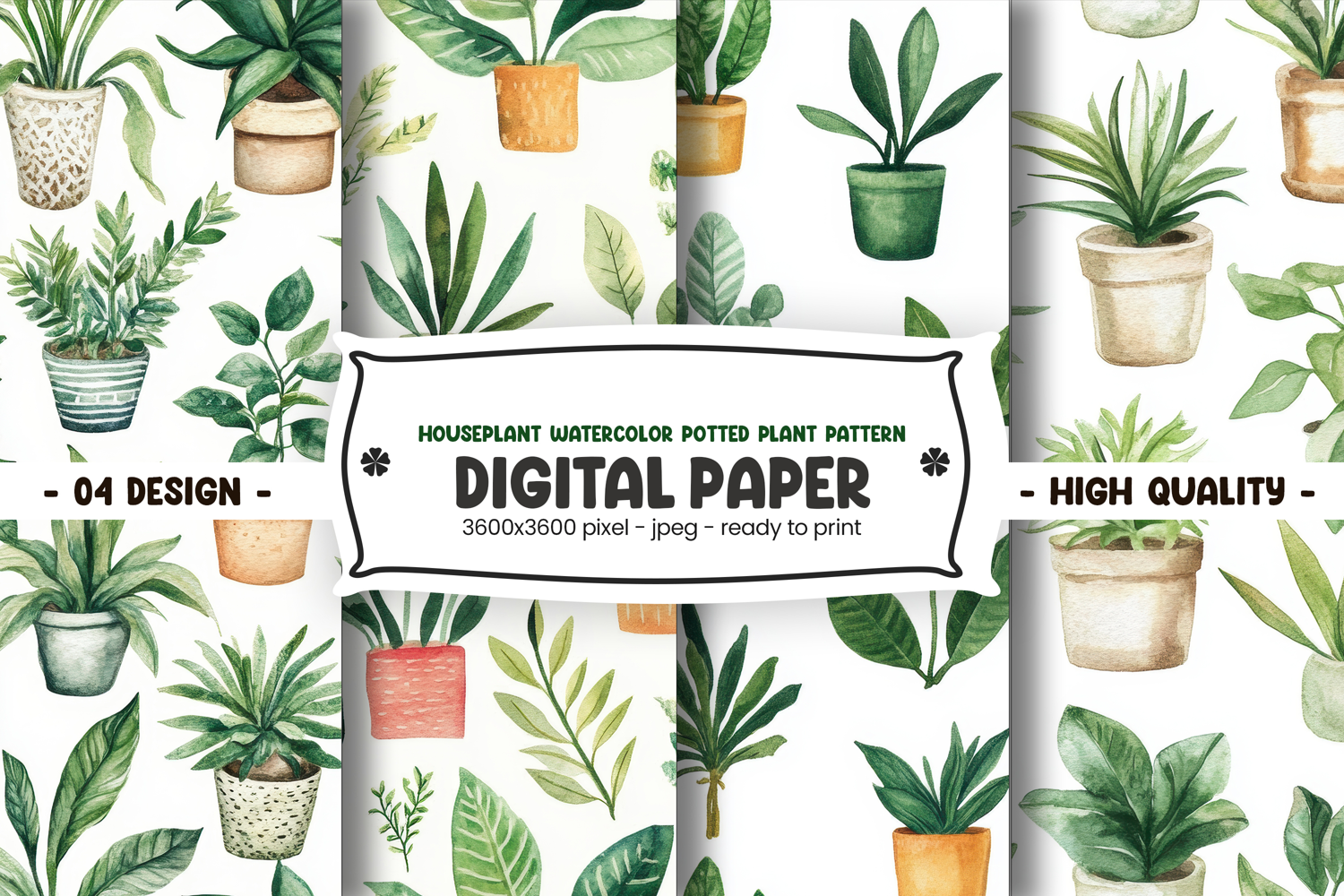 Houseplant watercolor potted plant pattern digital paper product image 1