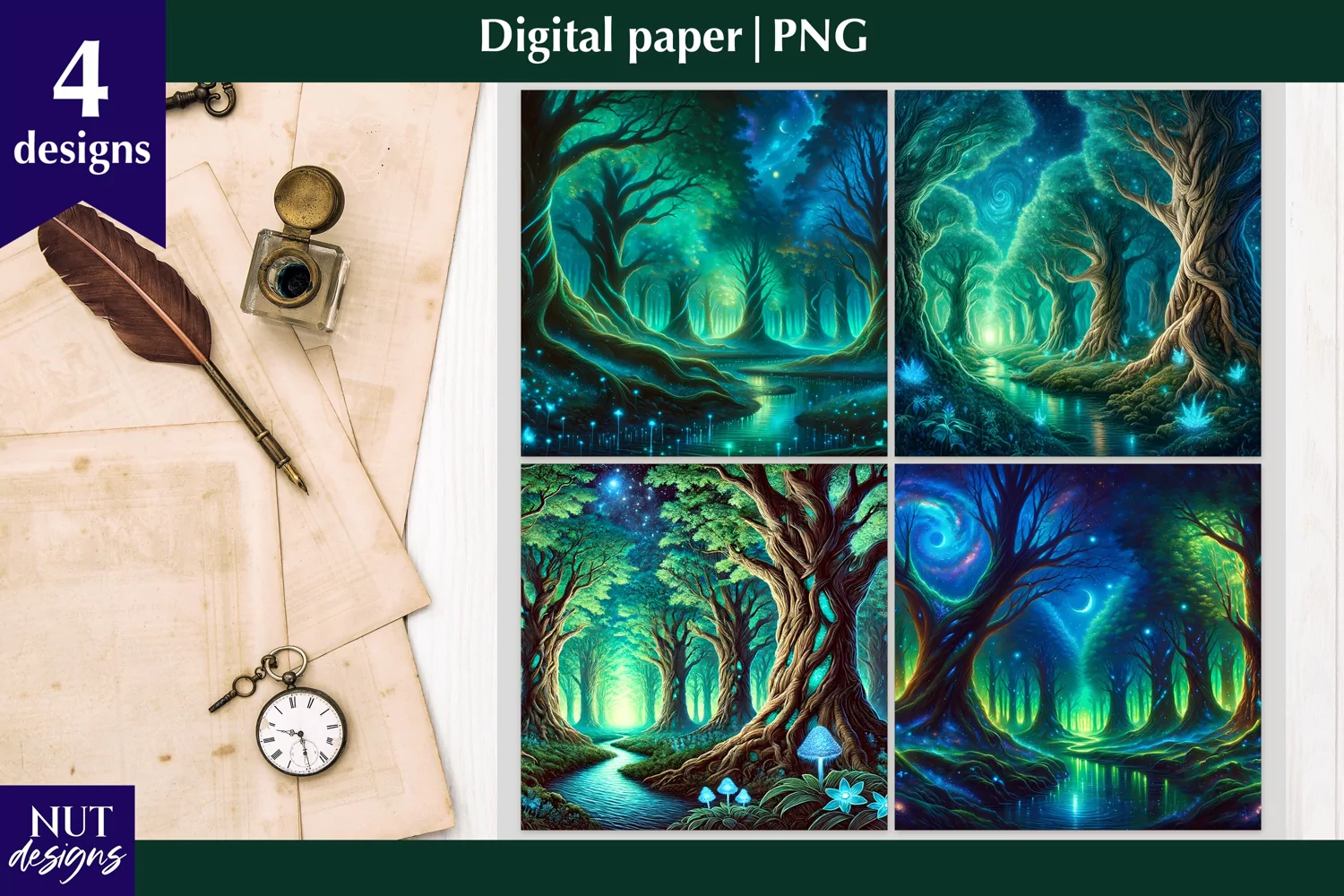Digital paper Night Forest, Mystical forest background product image 1