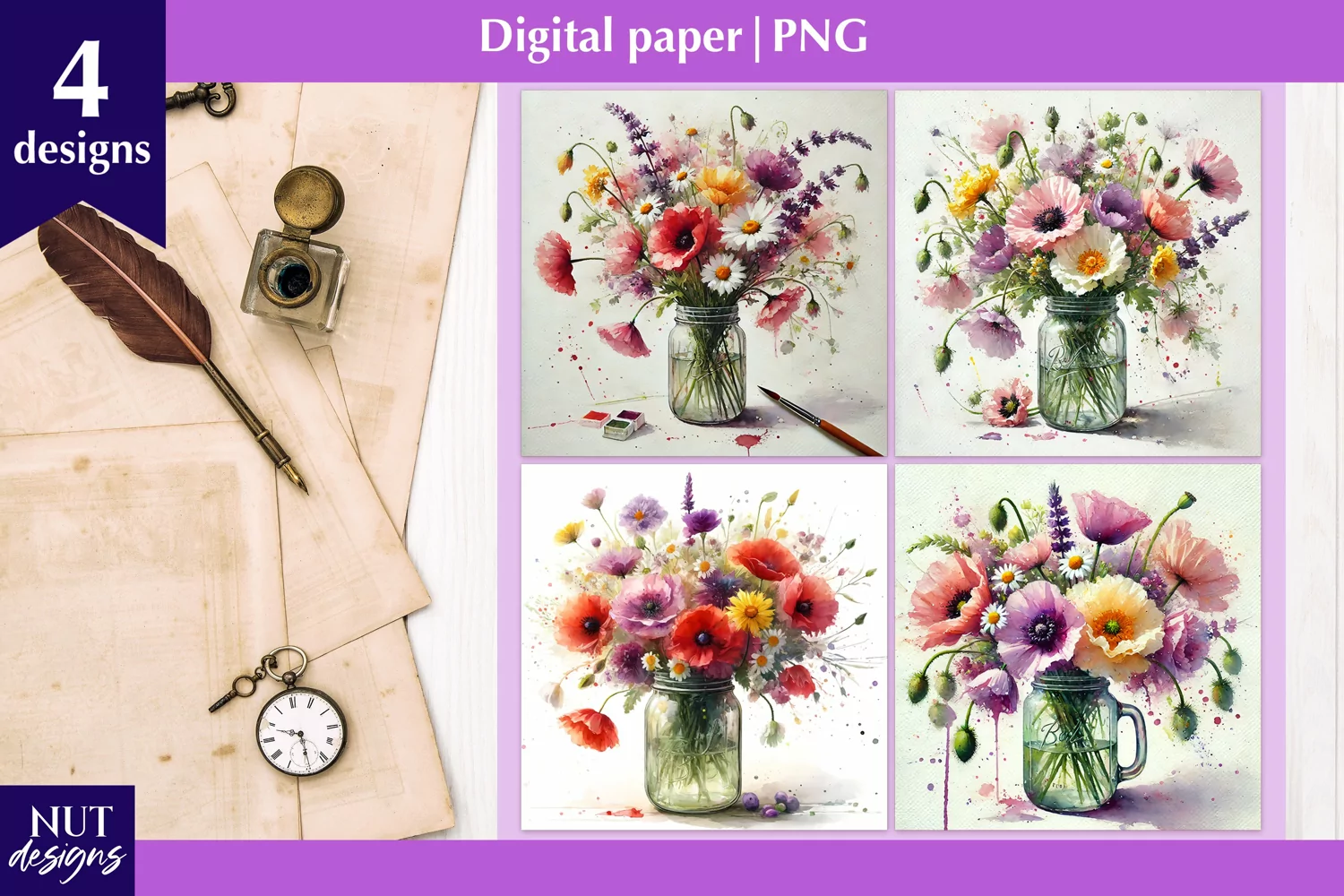 Digital paper Mason jar with poppies & flowers illustrations product image 1