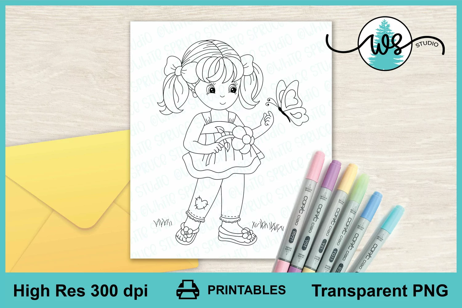 Digital Stamp, Girl, Butterfly, Flower, Coloring Page, Print product image 1