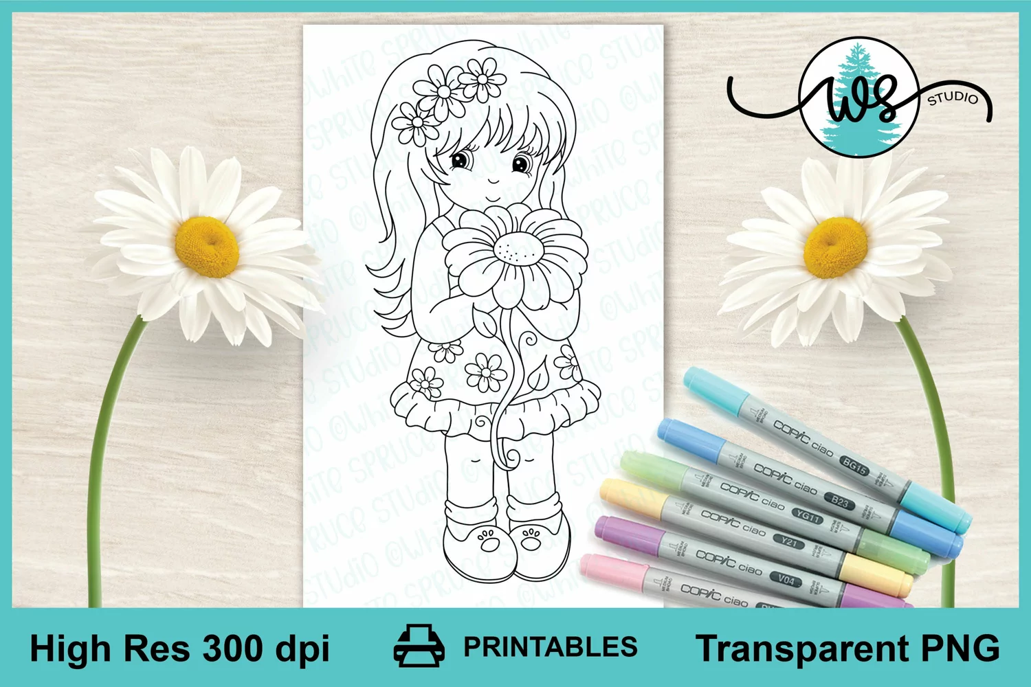Digital Stamp, Girl, Flower, Daisy, Colour Page, Printable product image 1