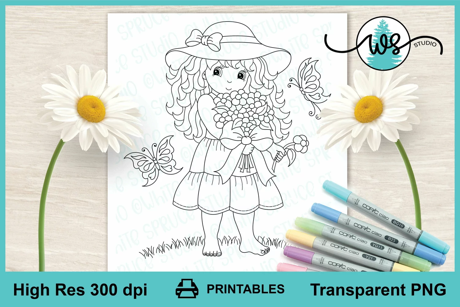 Digital Stamp, Girl, Butterfly, Flowers, Coloring Page product image 1