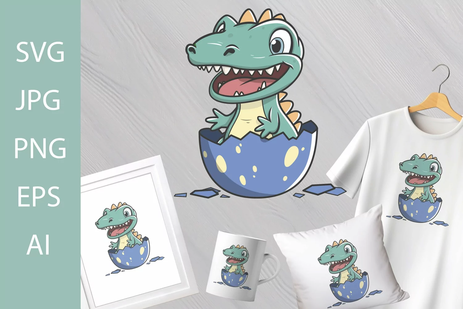 Cute Happy Green Dino in Egg SVG product image 1
