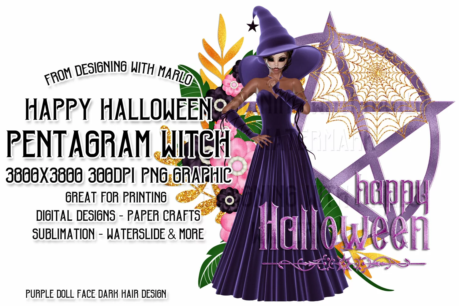Purple Halloween Pentagram Scary Doll Face Witch PNG Graphic product image 1
