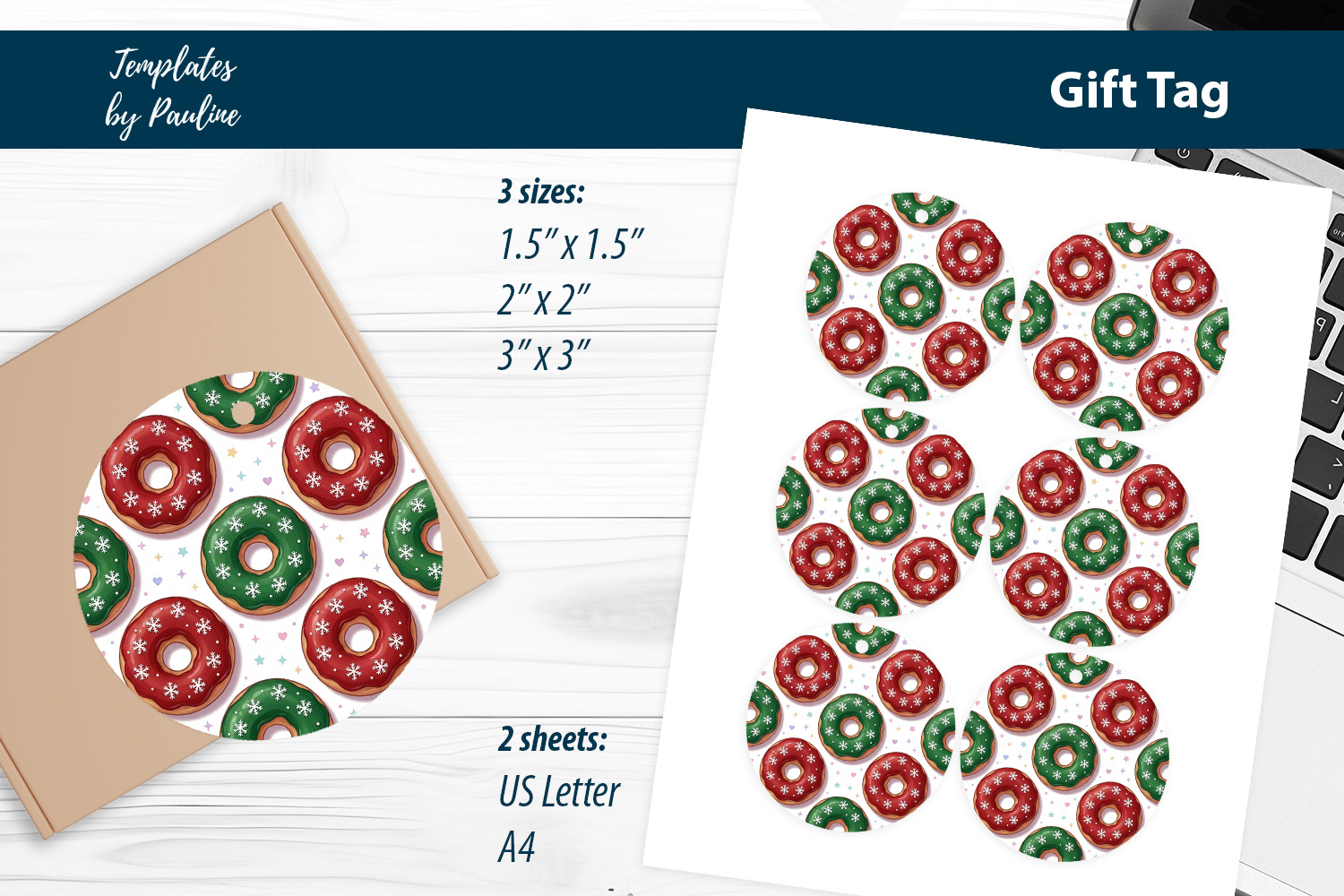 Donut Christmas Gift Tags Printable, Print and Cut product image 1