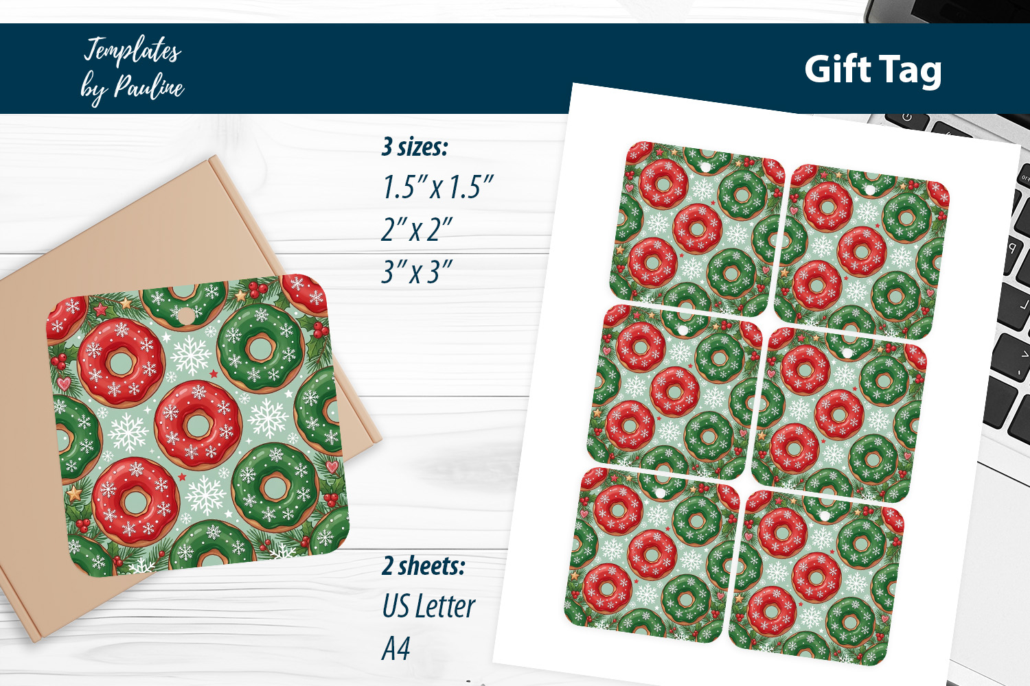 Donut Christmas Gift Tags Printable, Print and Cut product image 1
